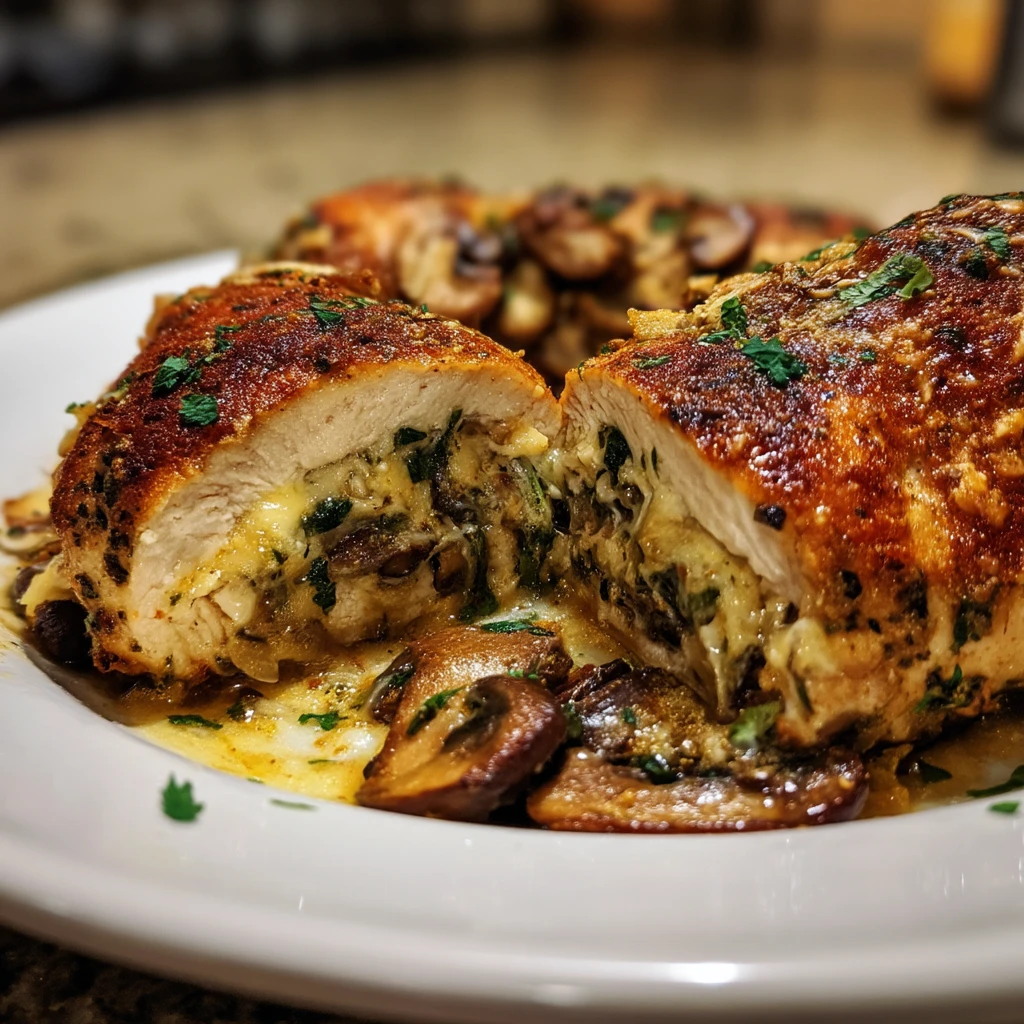 Cheesy Garlic Butter Mushroom Stuffed Chicken
