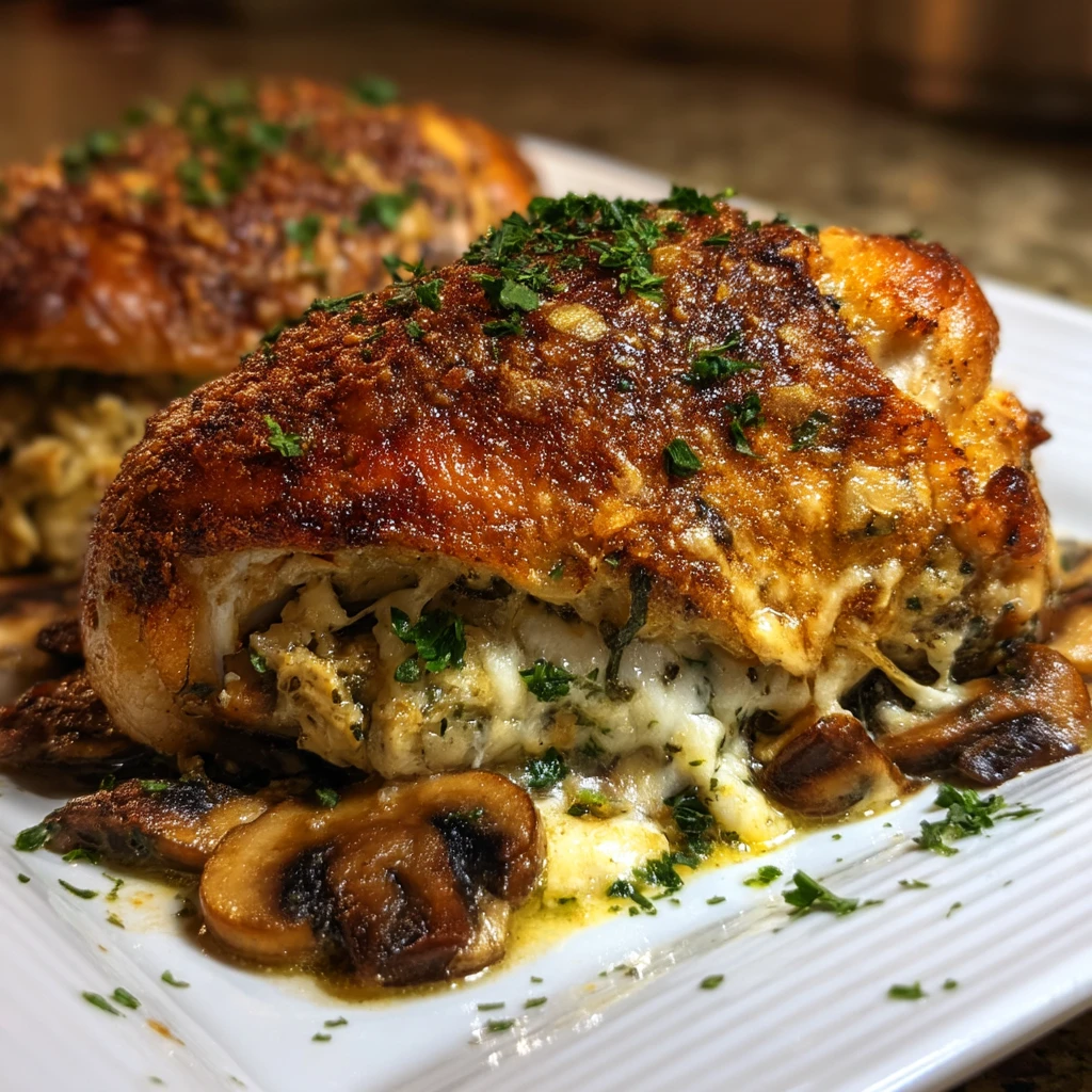 Cheesy Garlic Butter Mushroom Stuffed Chicken