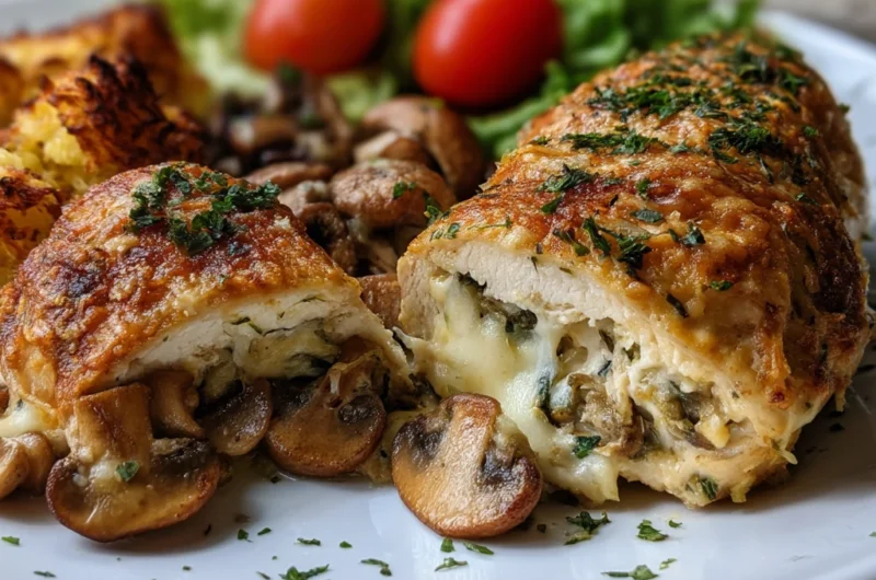 Cheesy Garlic Butter Mushroom Stuffed Chicken Recipe Card