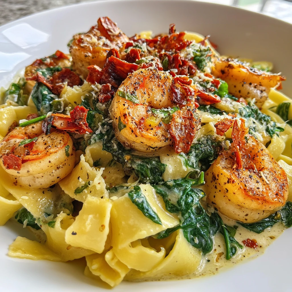 Sun-Dried Tomato Shrimp with Spinach Pasta