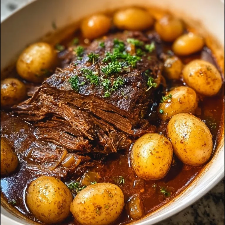 Savory apple cider pot roast with potatoes, ready to serve for dinner
