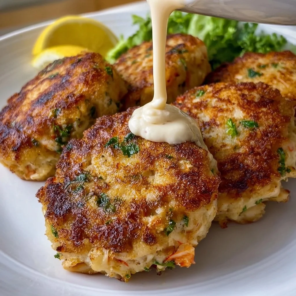 Delicious homemade crab cakes served with tartar sauce and fresh herbs.