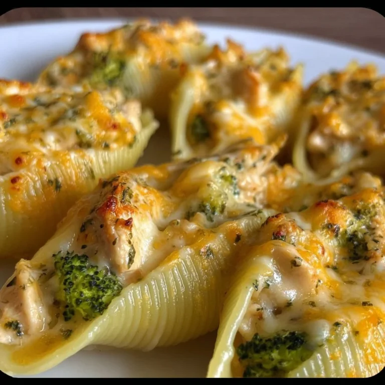 Cheesy chicken and broccoli stuffed shells on a plate garnished with herbs