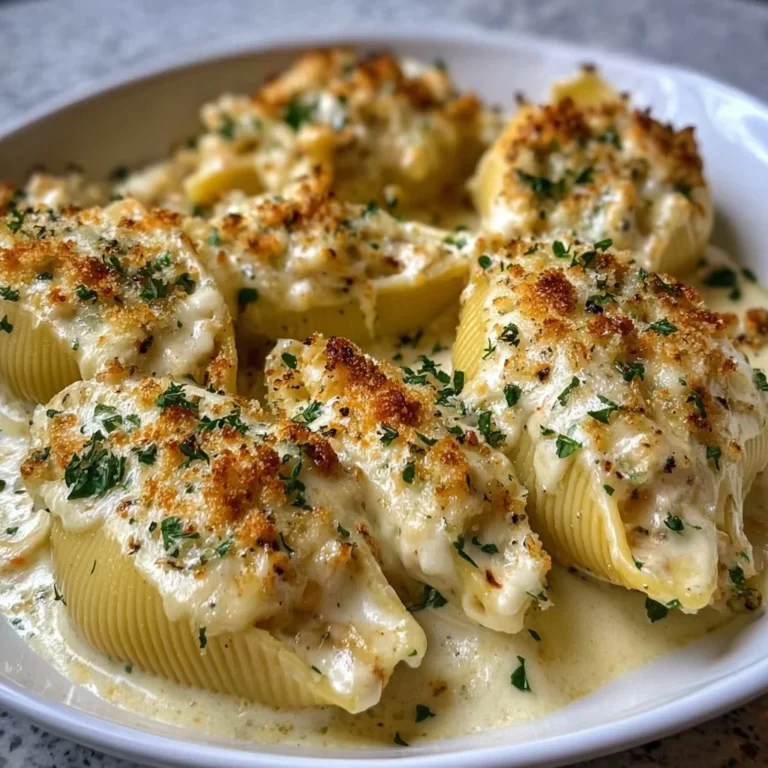Delicious Chicken Alfredo Stuffed Shells with creamy sauce and chicken filling