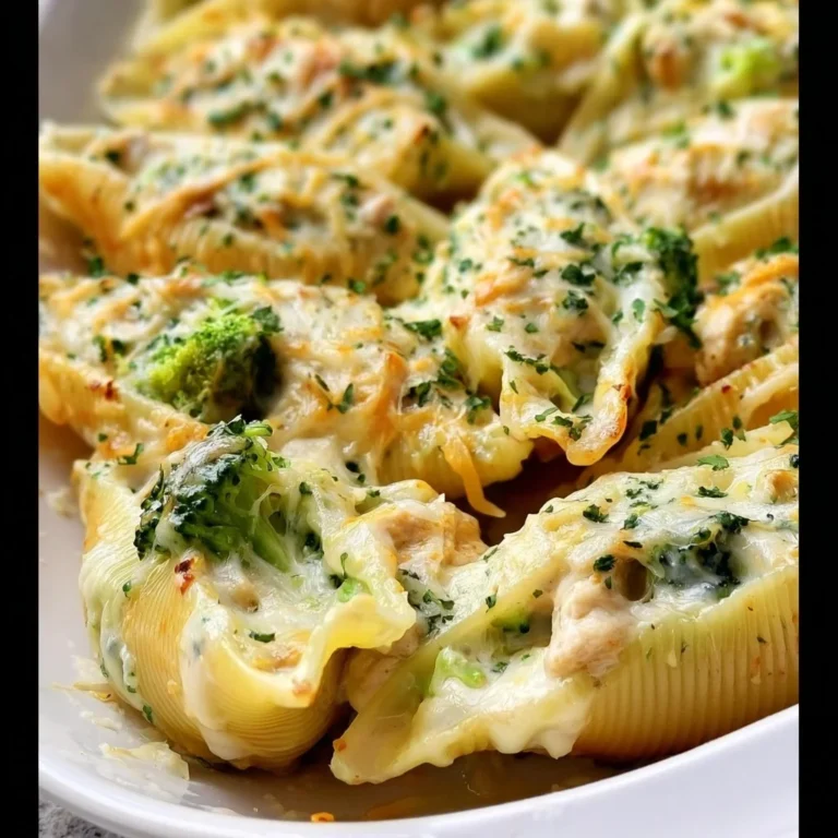 Creamy Chicken & Broccoli Alfredo Stuffed Shells on a plate