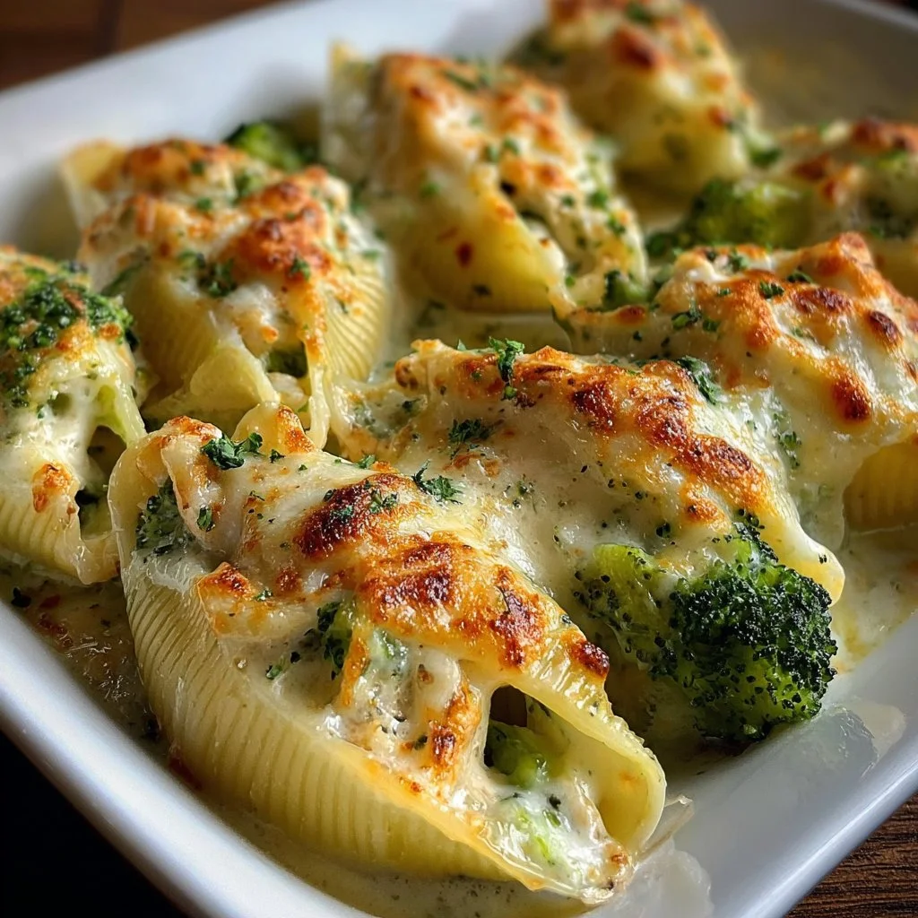 Delicious Chicken Broccoli Alfredo Stuffed Shells ready to serve.