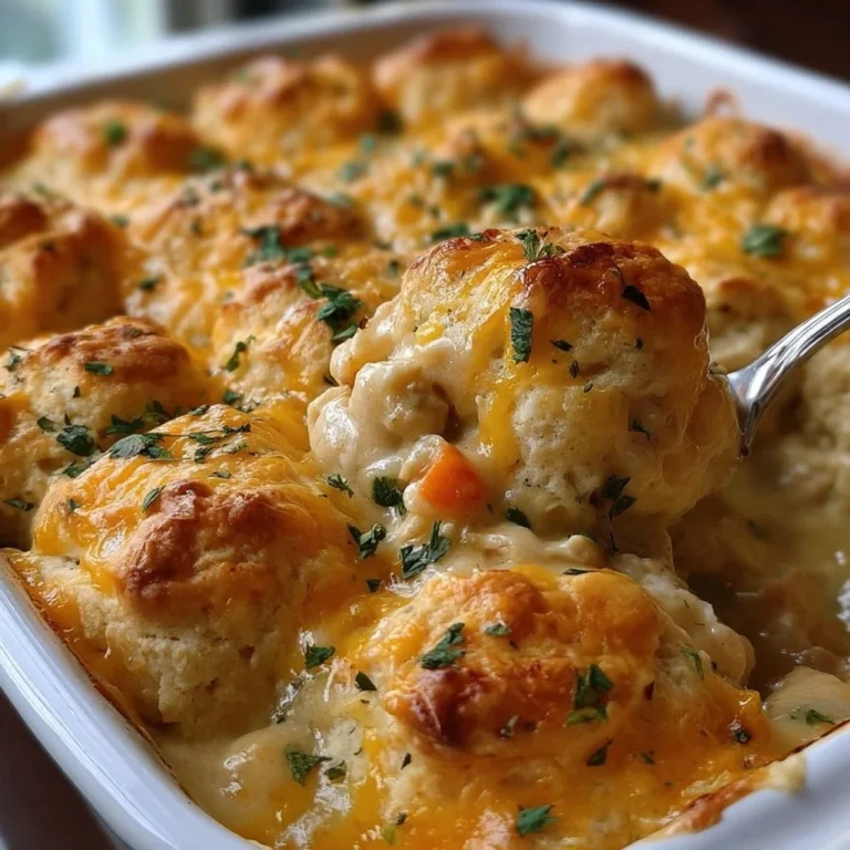 Savory Chicken Bubble Biscuit Bake Casserole topped with golden biscuits
