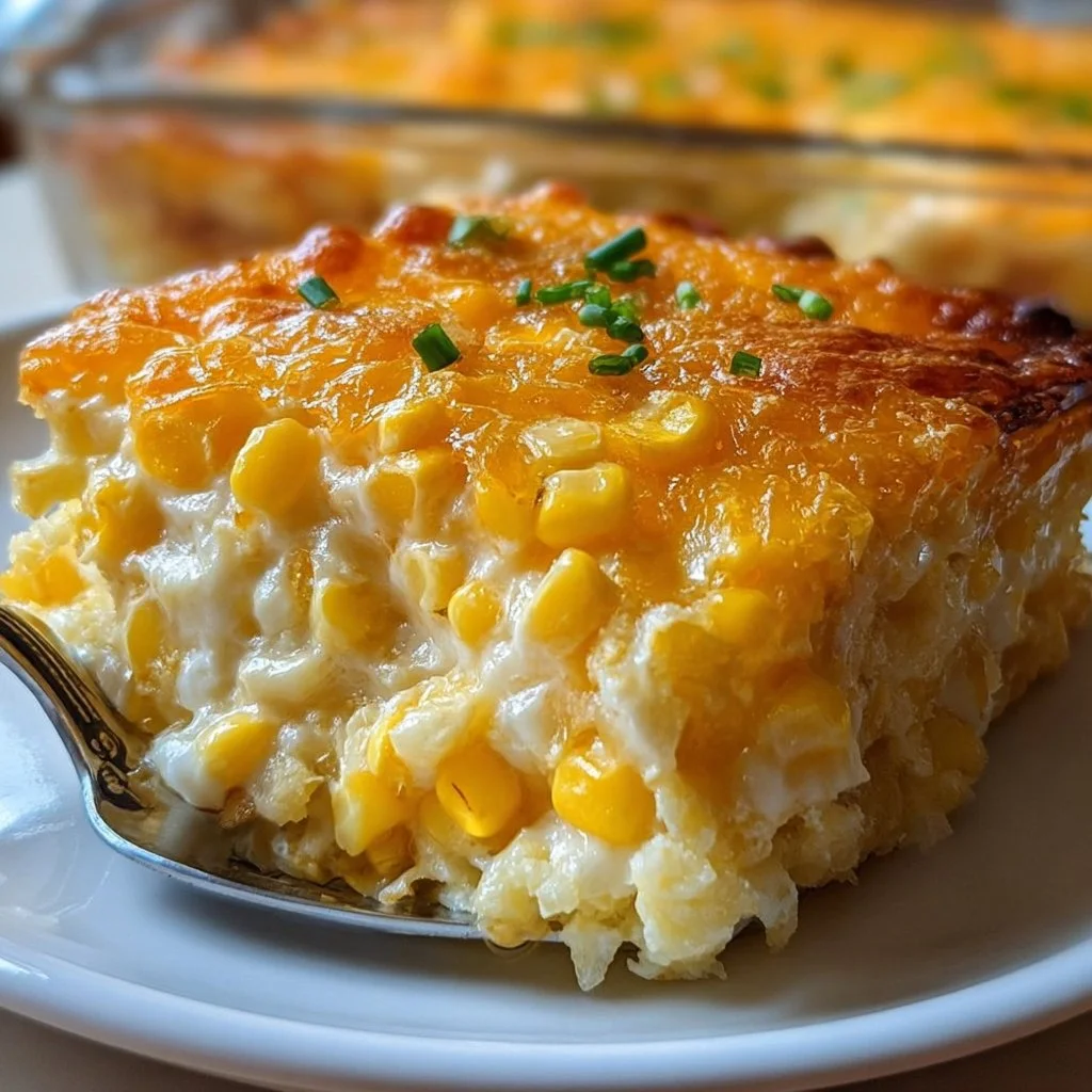 Cream cheese corn casserole baked and served in a dish.