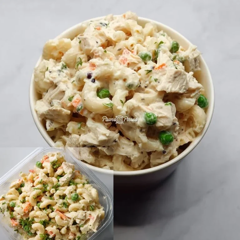 Creamy chicken macaroni salad in a bowl with fresh ingredients