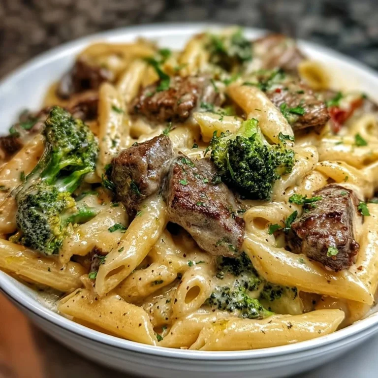 Creamy steak bites penne dish with broccoli in white sauce served on a plate