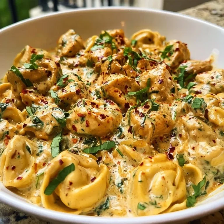Creamy Tuscan chicken tortellini served in a bowl with fresh herbs