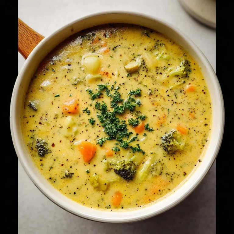 A bowl of creamy vegetable soup with colorful veggies and herbs
