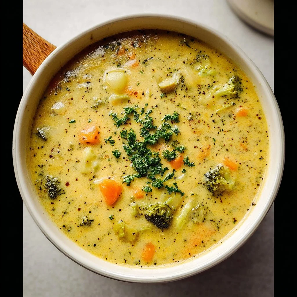 A bowl of creamy vegetable soup with colorful veggies and herbs