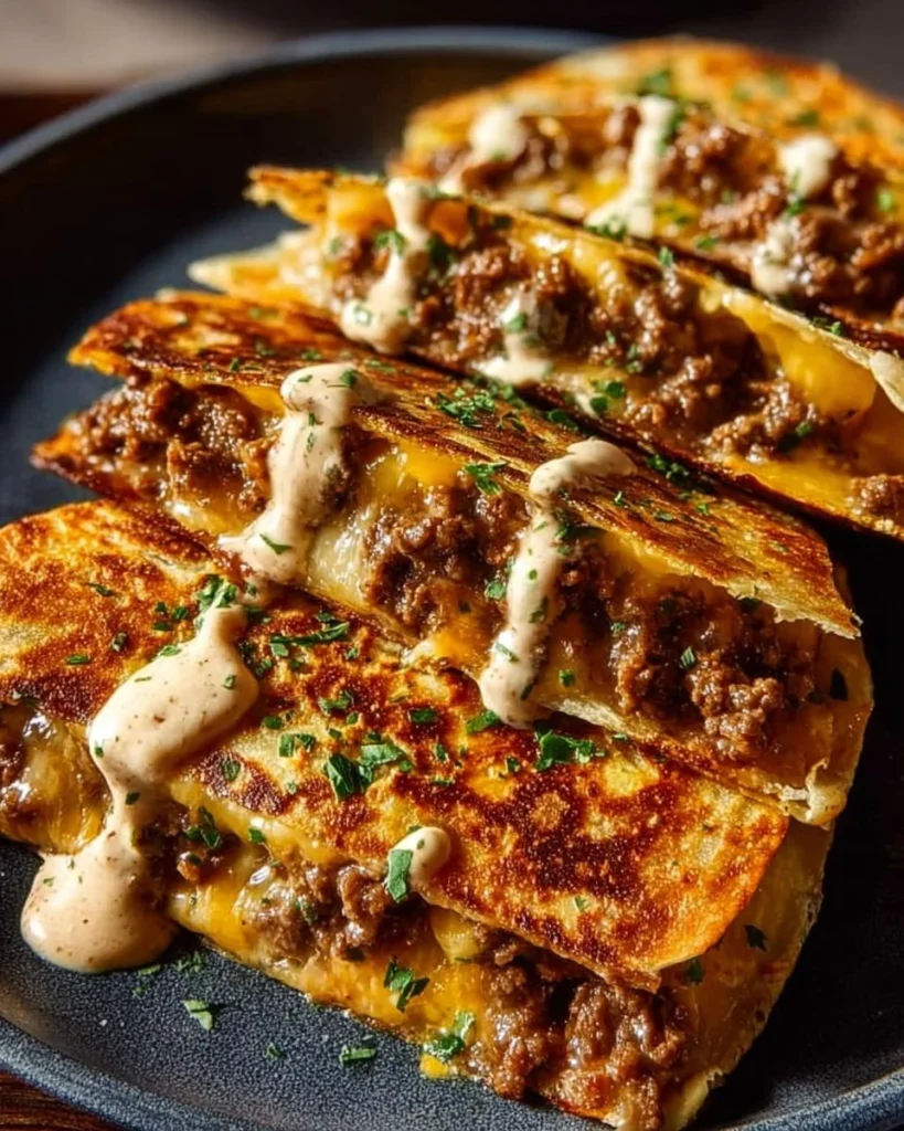 Crispy Cowboy Butter Smashburger Tortilla Melt topped with garlic sauce drizzle