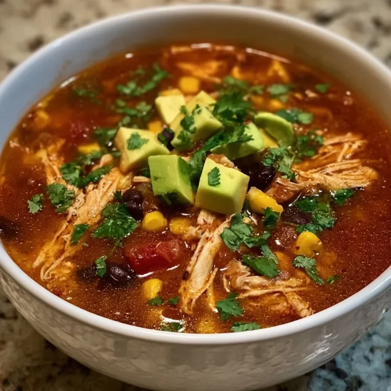 Bowl of delicious crockpot chicken tortilla soup garnished with tortilla strips and cilantro.