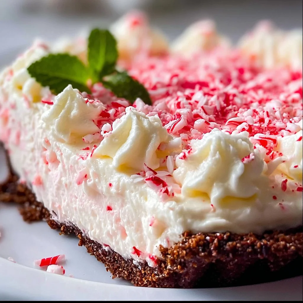 Delicious Christmas peppermint pie topped with whipped cream and candy cane