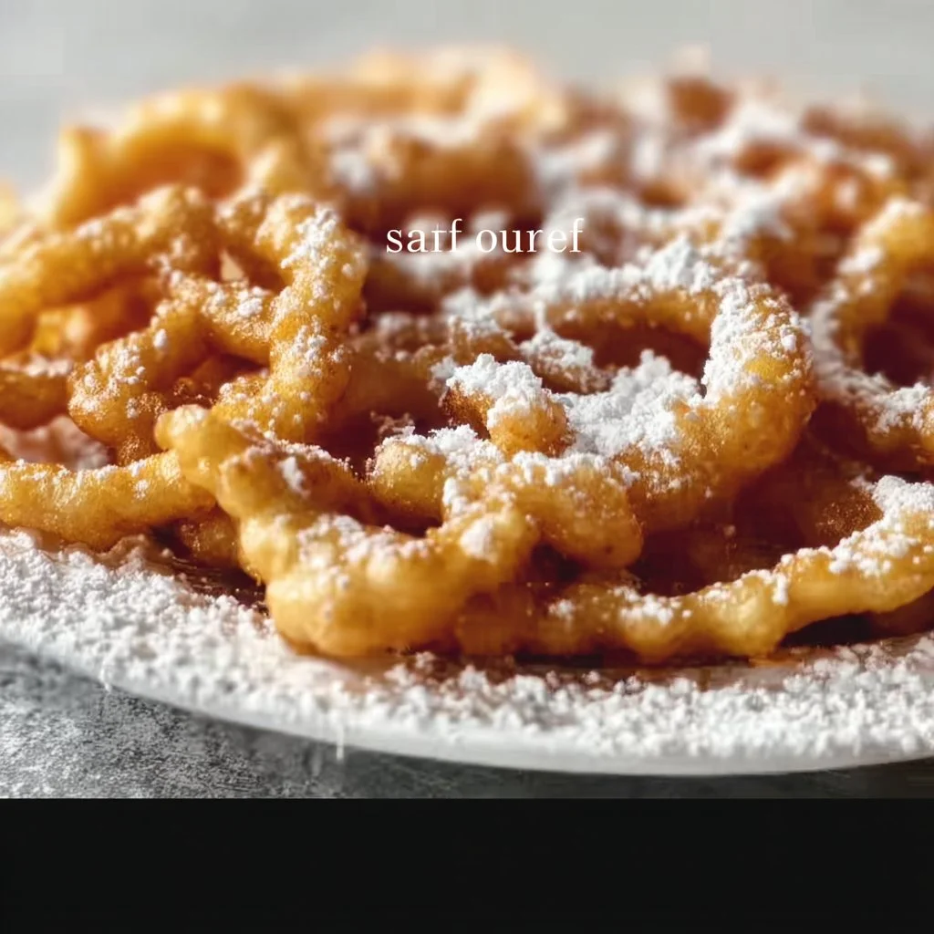 Delicious homemade funnel cake dusted with powdered sugar on a plate