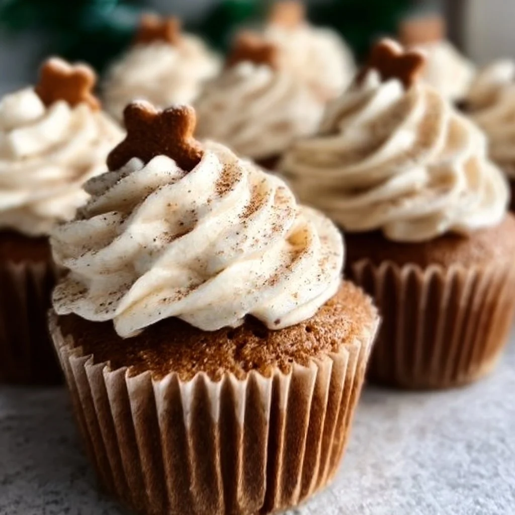 Gingerbread cupcakes topped with cinnamon cream cheese frosting on a festive table.