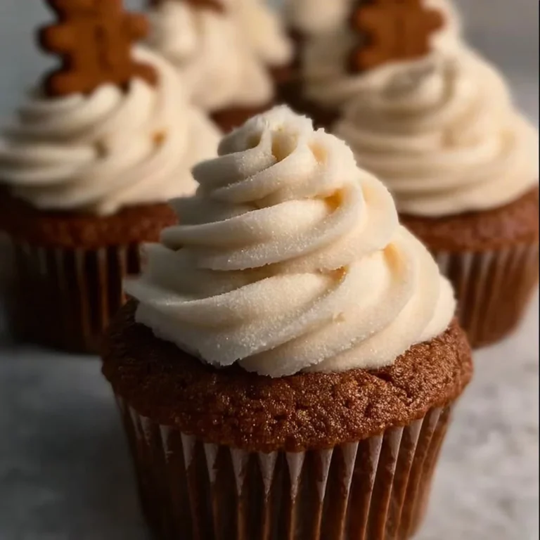 Gingerbread cupcakes with cream cheese frosting on a festive table.