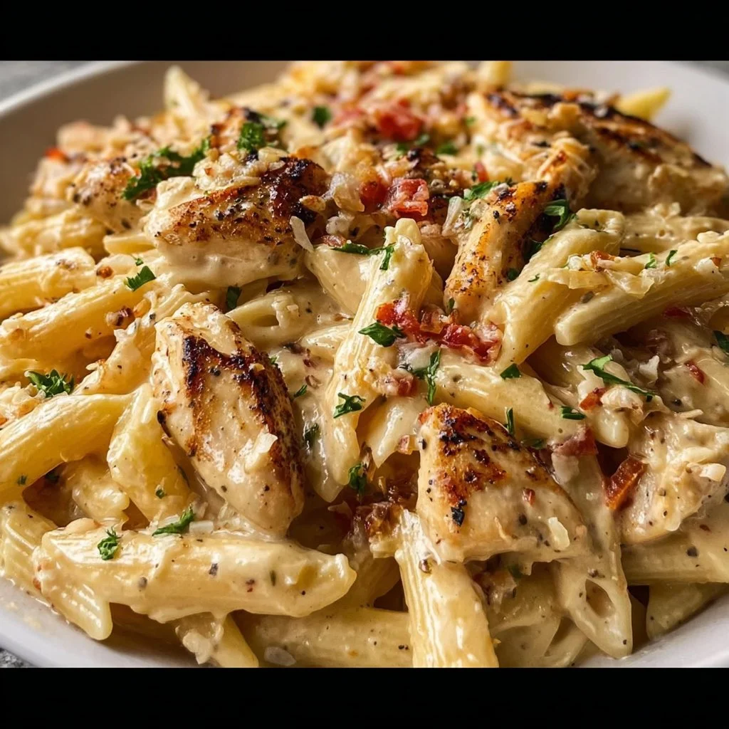 Delicious Marry Me Chicken Pasta served in a bowl with herbs and cherry tomatoes.