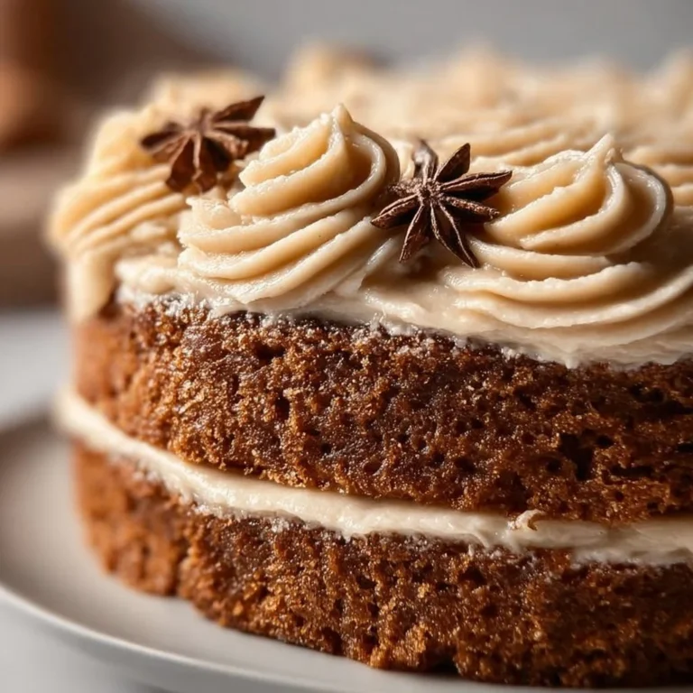 Moist gingerbread cake with cinnamon molasses cream cheese frosting on a plate