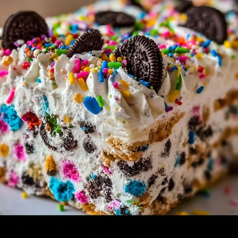 No-Bake Funfetti Oreo Icebox Cake layered with cream and colorful sprinkles