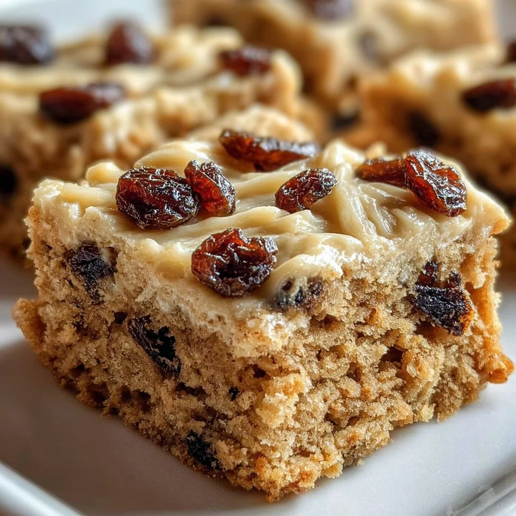 Delicious oatmeal raisin cookie bars on a wooden board
