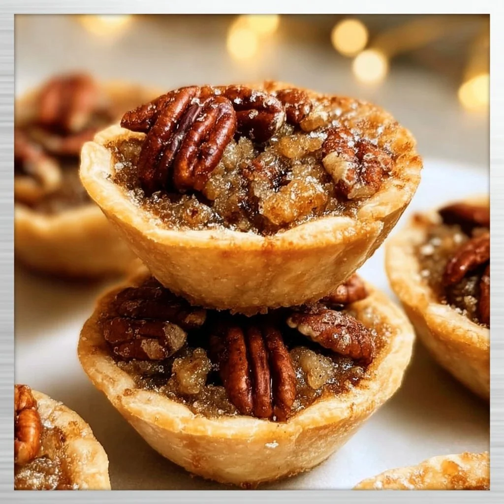 Delicious pecan tassies topped with pecans in a flaky pastry shell.