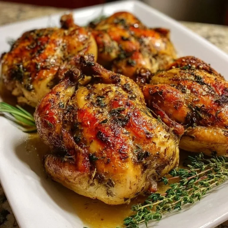 Deliciously roasted Cornish hens served on a platter with herbs