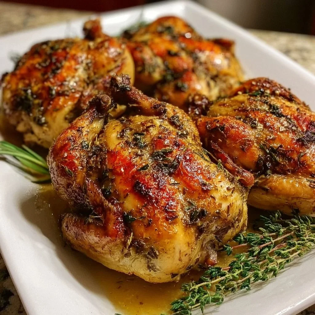 Deliciously roasted Cornish hens served on a platter with herbs