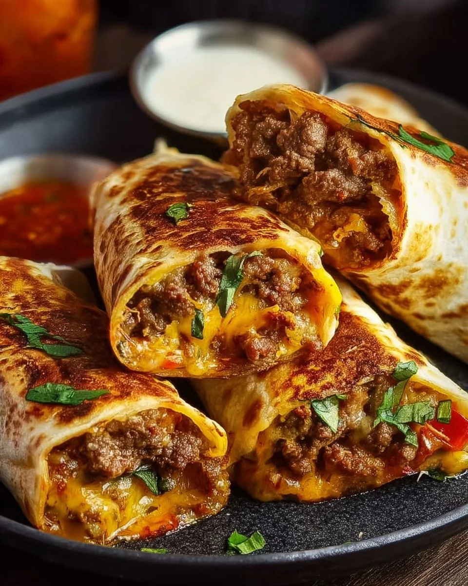 Smashed Cowboy Butter Smash Beef Skillet Wraps served with spicy dipping sauce