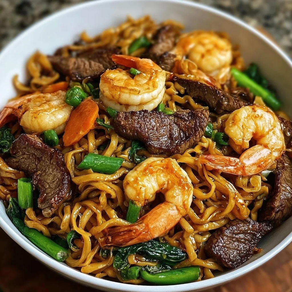 Delicious steak and shrimp stir-fried noodles served in a bowl.