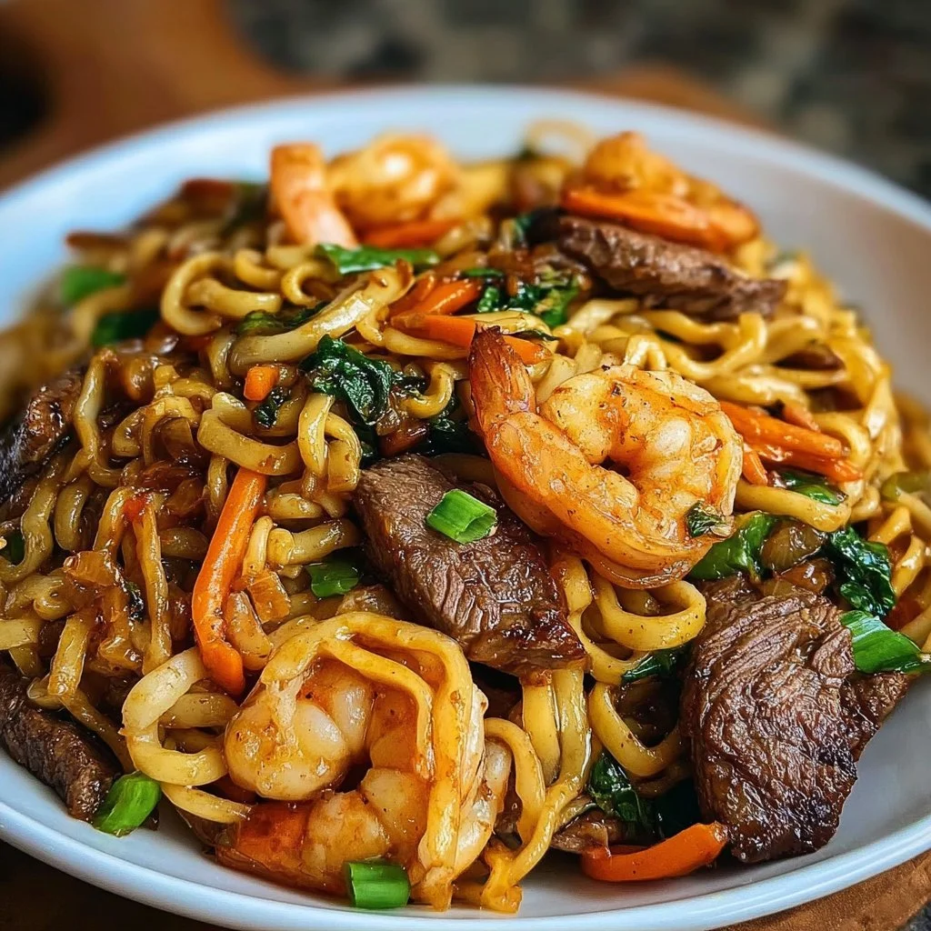 Stir-fried steak and shrimp noodles on a plate