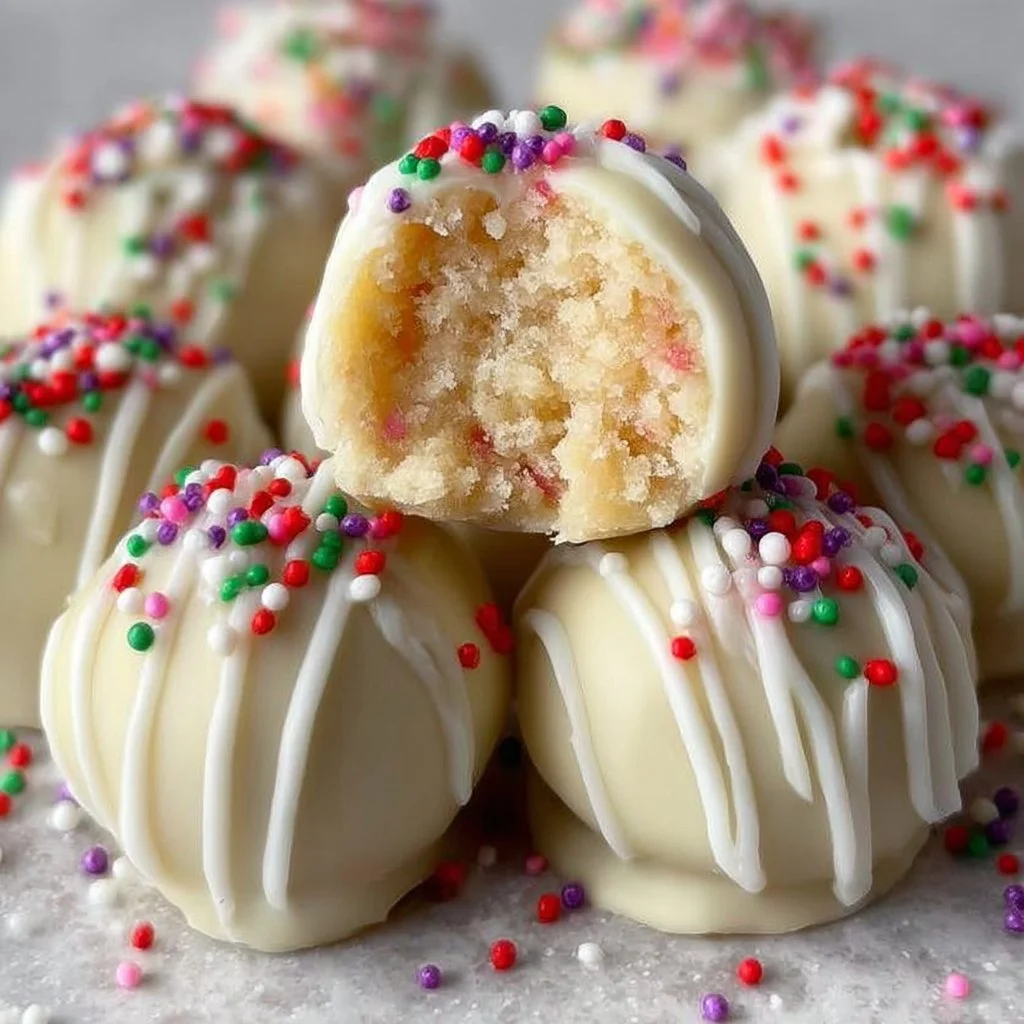 Delicious sugar cookie truffles drizzled with white chocolate.