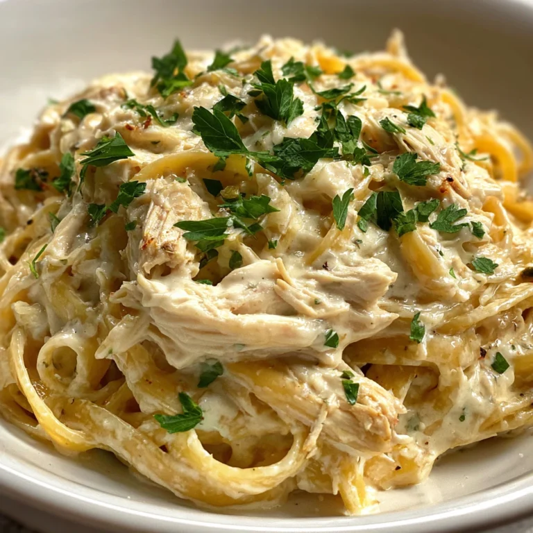 Crockpot Chicken Alfredo dish served with pasta and garnished with parsley 1