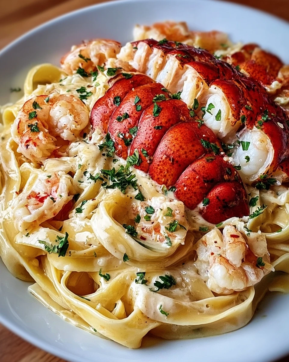 Plate of Garlic Butter Lobster and Shrimp Fettuccine garnished with parsley1