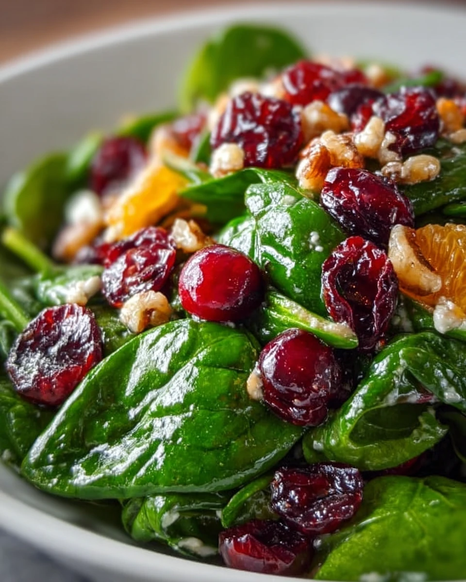 Cranberry spinach salad with fresh ingredients and vibrant colors. 1
