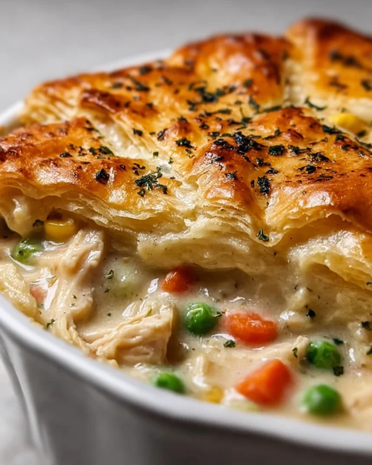 Delicious Chicken Pot Pie Casserole topped with flaky crust and fresh vegetables 1