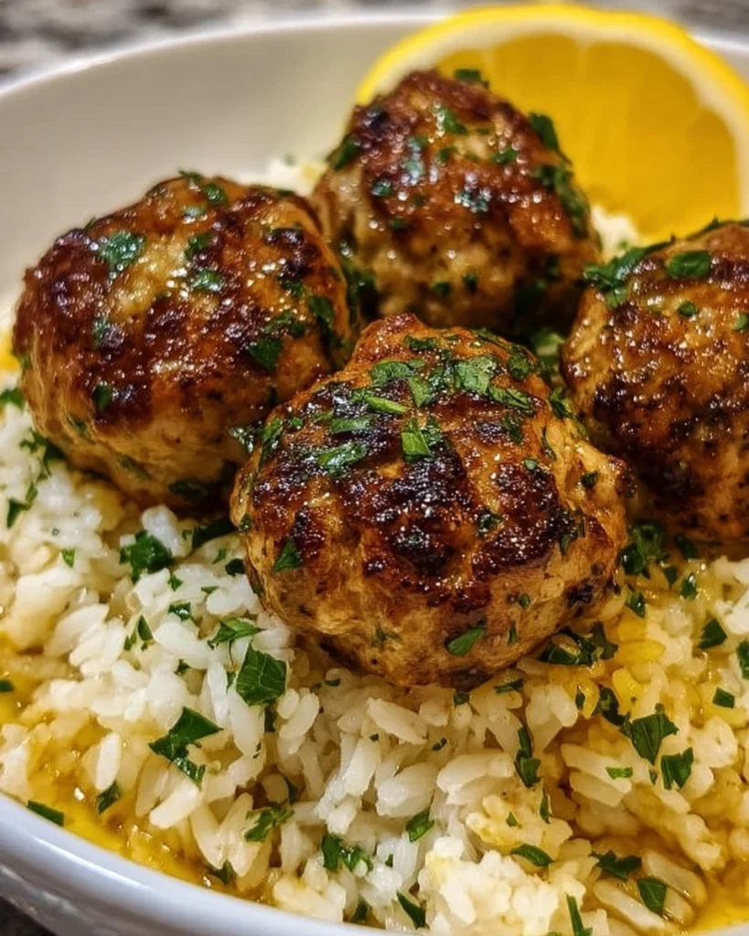 Plate of Greek Turkey Meatballs served with lemon herb rice 1