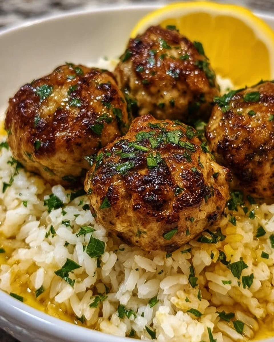 Plate of Greek Turkey Meatballs served with lemon herb rice 1