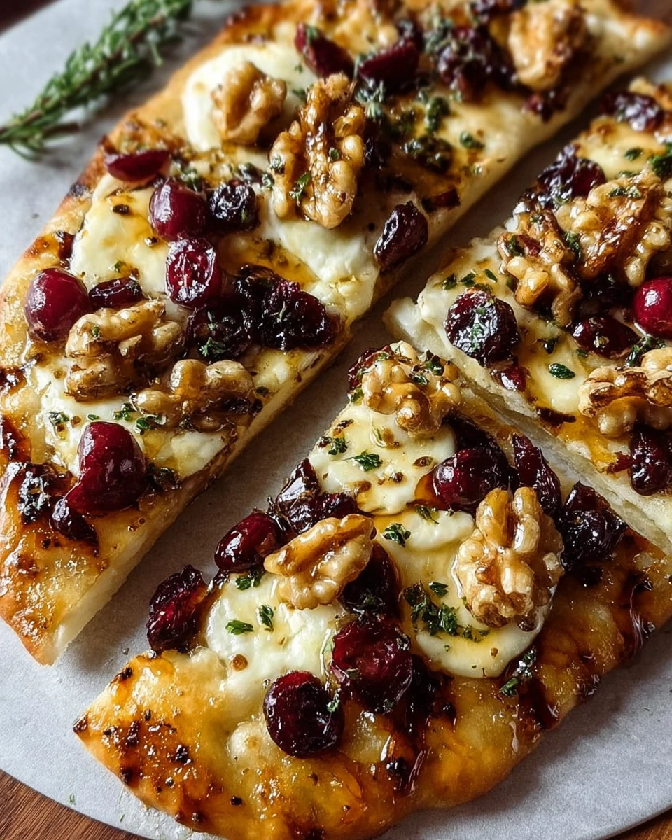 Crispy flatbread topped with Brie cheese, cranberries, walnuts, and hot honey drizzle.1
