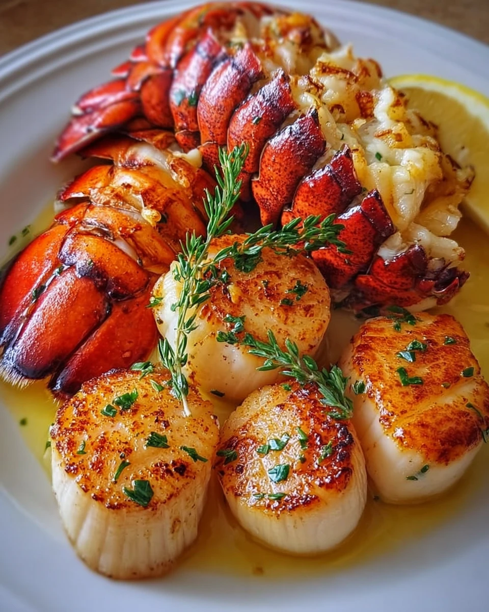 Delicious butter-seared lobster tail and scallops served on a plate1