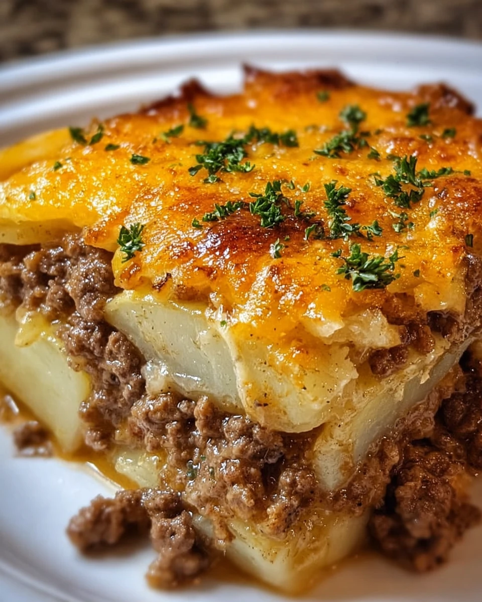 Hearty ground beef and potato bake served in a casserole dish 1