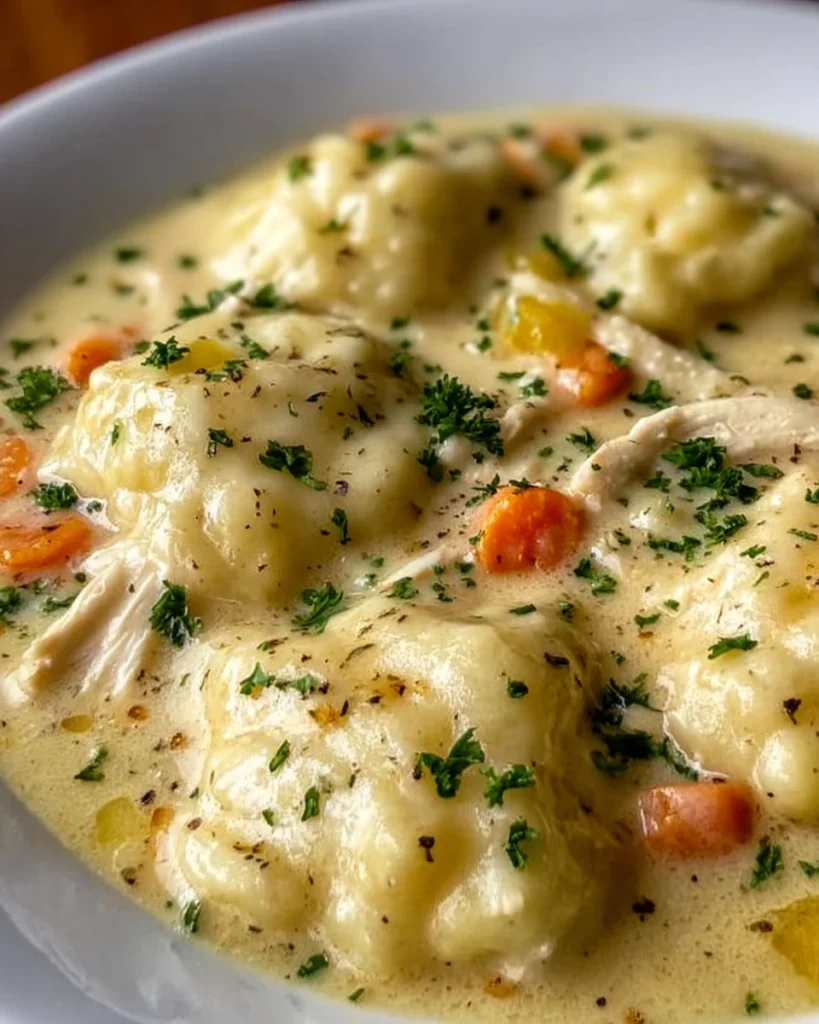 Delicious bowl of Cracker Barrel chicken and dumplings served with herbs 1