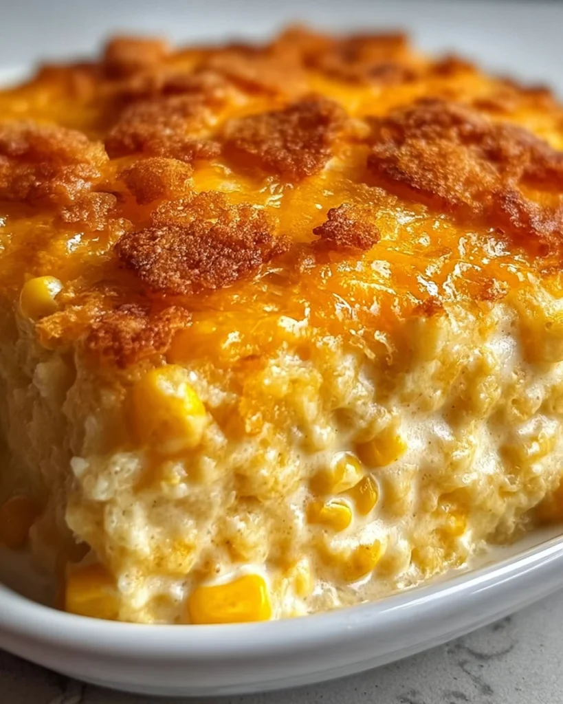 Cheesy cream cheese corn casserole served in a baking dish 1