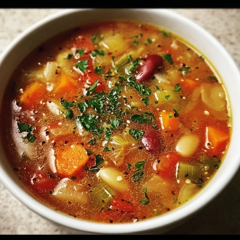 A bowl of homemade vegetable soup with vibrant vegetables and herbs