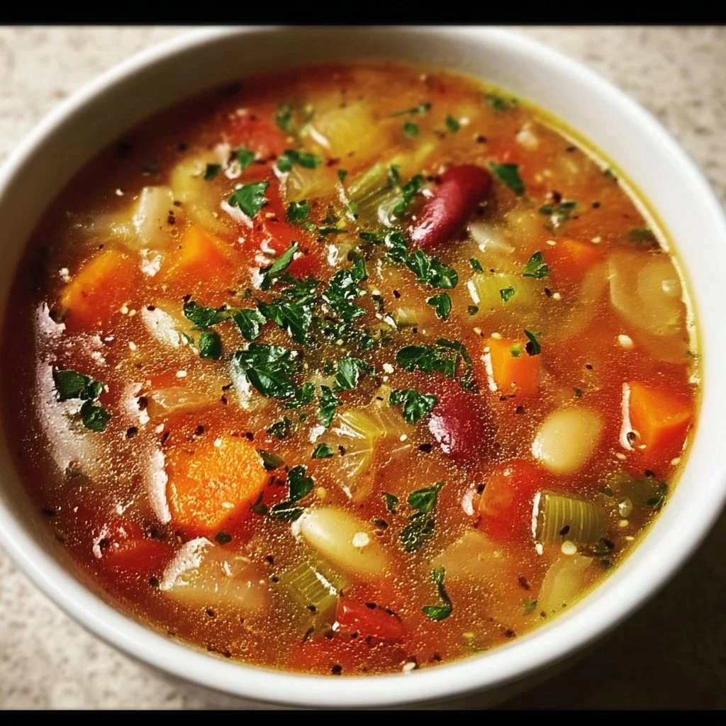 A bowl of homemade vegetable soup with vibrant vegetables and herbs