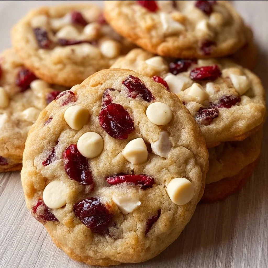 Plate of freshly baked white chocolate cranberry cookies with festive decorations