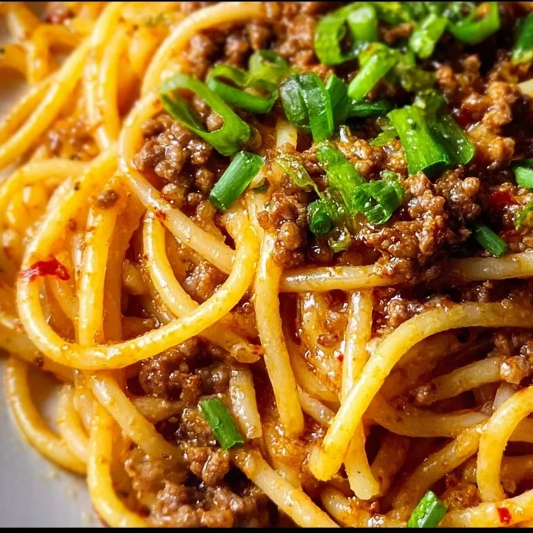 Asian-Style Ground Beef Spaghetti dish garnished with herbs