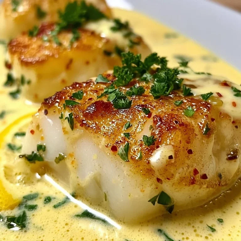 Baked cod fillet in creamy coconut lemon sauce garnished with herbs